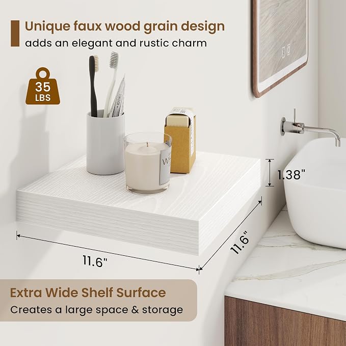 Marsmiles Square Floating Shelves for Wall, 12" W x 12" D x 1.5" H, 3 Pack Small Wall Mounted Engineered Wood Shelves with Invisible Brackets for Living Room, Bedroom, Bathroom, Kitchen Decor, White