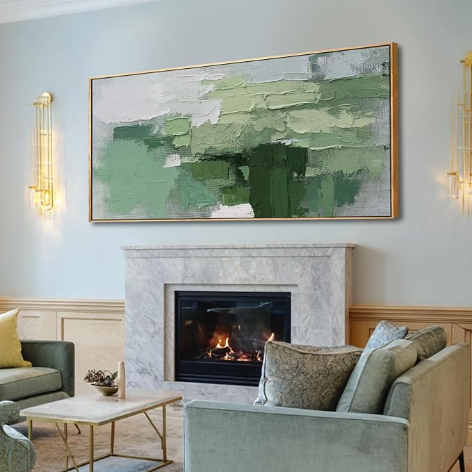 Green Hand-painted Abstract Canvas Wall Art, 32x70 Inch Framed Horizontal Artwork with Layered Green Tones for Living Room Decor