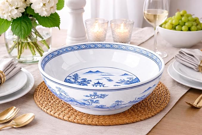 12 Inch Blue and White Porcelain Bowl, Large Chinese Decorative Centerpiece Bowl, Oriental Landscape Ceramic Bowl for Tabletop, Fruit Display, Kitchen Counter and Home Décor
