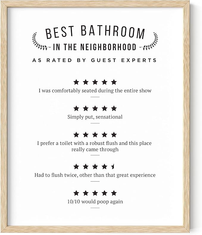 HAUS AND HUES Funny Bathroom Decor – Would Poop Here Again Sign, Humorous Restroom Artwork, Washroom Review Poster (16x20, Beige Frame)