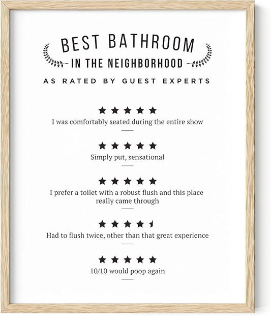HAUS AND HUES Funny Bathroom Decor – Would Poop Here Again Sign, Humorous Restroom Artwork, Washroom Review Poster (16x20, Beige Frame)