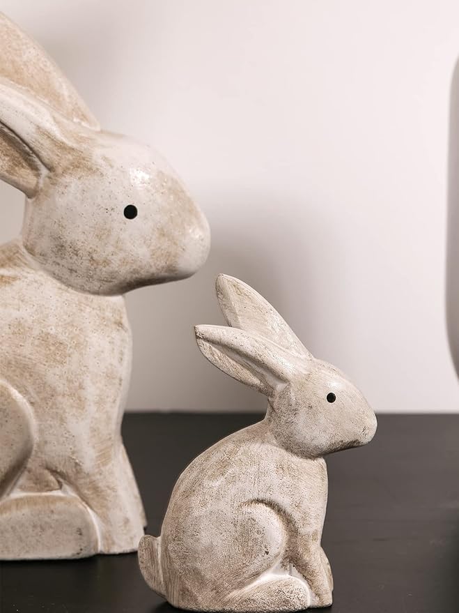 DN DECONATION Wooden Antique White 3D Bunny Rabbit Figurines for Spring Easter Decor Gift Set of 2