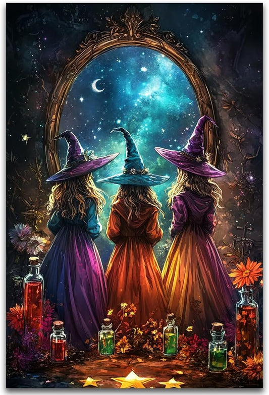 Witch Poster Halloween Fall Wall Art Decor,Three Witches with Magic Potion Mirror Colorful Vintage Print,Dark Academia Spooky Canvas Art Prints for Home Living Room,16"x24" Unframed