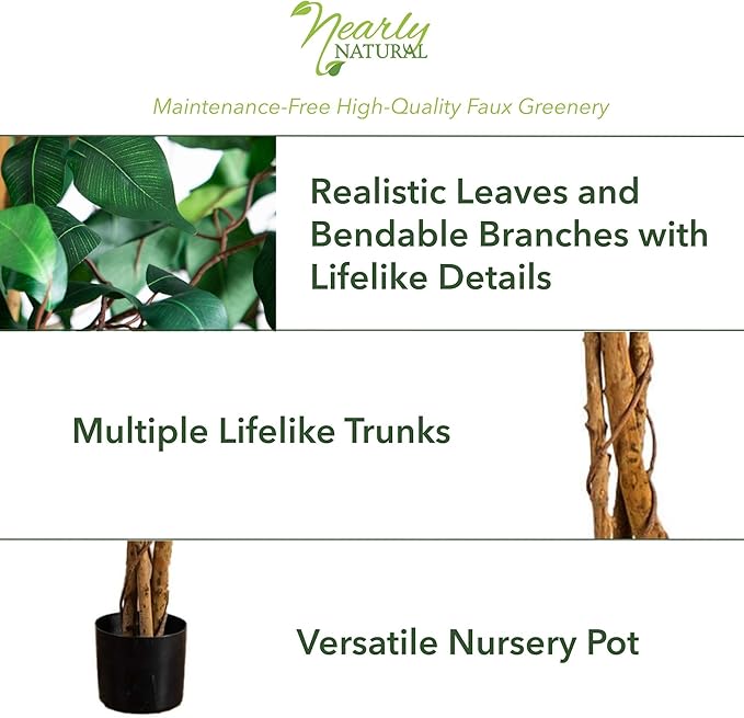 Nearly Natural 74in Artificial Triple Trunk Ficus Tree, Faux Greenery with Natural Wood Trunks for Indoor Home Decor