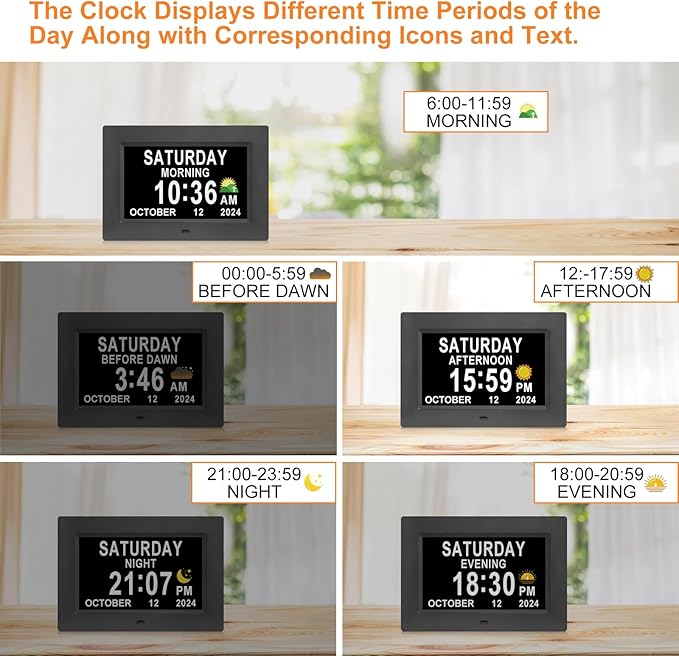 SSINI Digital Calendar Dementia Alarm Clock with Day and Date for Elderly - 15 Alarms 5 Colors Display Large Display Alzheimers Clock Large Digital Clock for Seniors (7in Black)