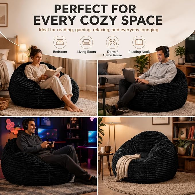 Simple Deluxe 3.25 ft Faux Fur Memory Foam Bean Bag Chair, Large Comfy Lazy Chair for Adult with Washable Cover, Perfect for Reading Gaming in Living Room Bedroom, Black