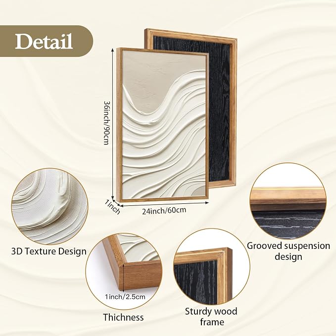 CHDITB 3D Textured Relief Sculpture Framed Canvas Wall Art Set, Neutral Earth Tone Abstract Wave Minimalist Texture Art Prints, Modern Wall Decor for Living Room Hallway Bedroom Home Decor 24"x36"x3
