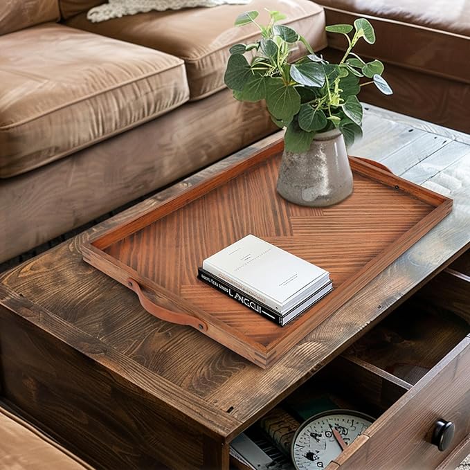 SXNOWS Wooden Serving Tray with Leather Handles, 24x16 in | Large Rectangle Wood Tray,Perfect for Ottoman Coffee Table Living Room and Kitchen, Rustic Gift for Home Decor