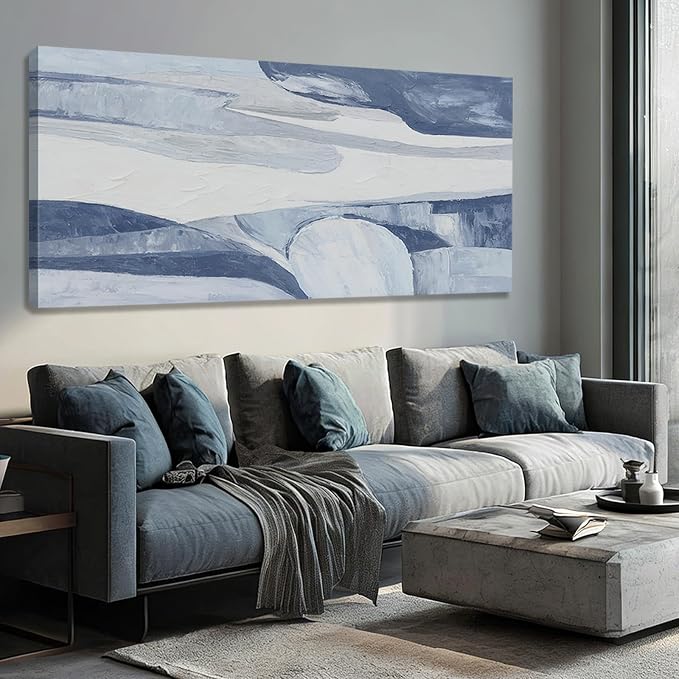 Hue7Art Abstract Blue and White Canvas Wall Art Contemporary Minimalist Landscape Artwork with Flowing Lines for Living Room Bedroom Office Entryway Wall Decor 29x58 Inch