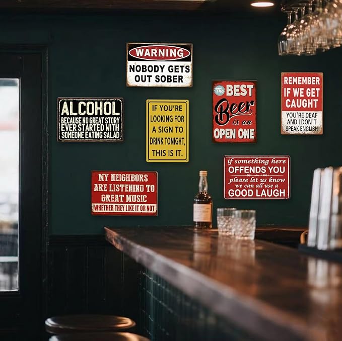Funny Bar Signs for Home Bar Wall Decor - 7 Piece Set Vintage Garage Metal Signs, Man Cave Decor for Men, Personalized Basement Bar Accessories & Outdoor Decorations (8×12 Inch) - Housewarming Gifts
