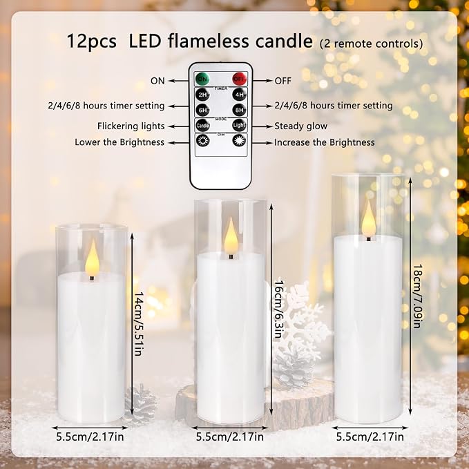 12-Pack White Acrylic Flameless LED Candle Set with Timer Remote Control—Ideal for Home Decor, Valentine's Day, Weddings, and Holiday Celebrations.
