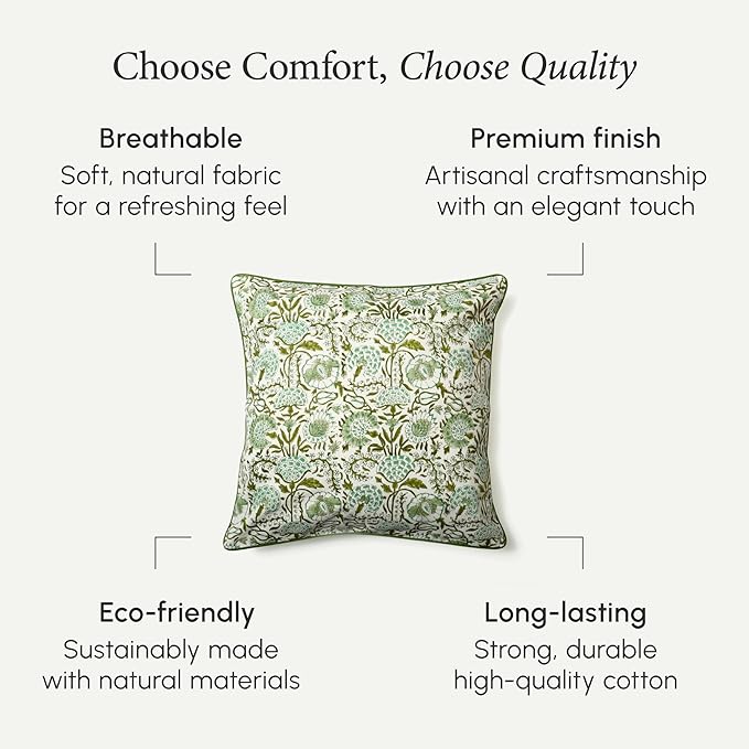 CPC 100% Cotton Throw Pillow Covers 18x18 Inch, Set of 2 Green Block Print Pattern Couch Pillow, Cute Boho Decorative Pillows for Living Room, Bedroom with Hidden Zipper- Agate Green