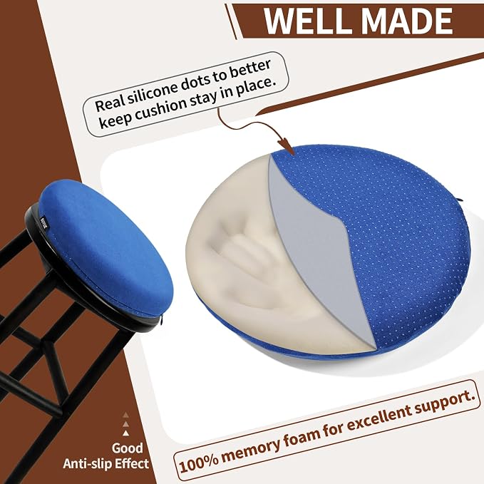 BUYUE Memory Foam Seat Cushion, Dia 15" Soft Velvet Round Stool Cushion Anti-Slip Chair Pads, M, Navy Blue