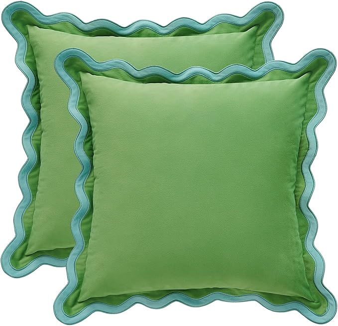 MONDAY MOOSE Decorative Throw Pillow Covers Cushion Cases, Set of 2 Soft Velvet Scalloped Wavy Edge Designs, Pillow Inserts Not Included (22x22 inch, Light Green/Light Blue)