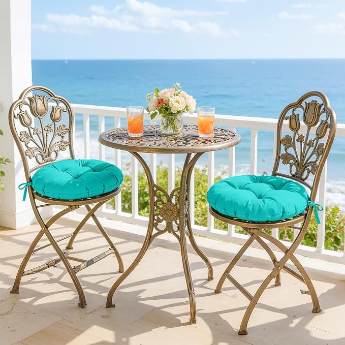 idee-home Outdoor Bistro Chair Cushions Set of 4, Round Seat Cushions | 18”x18”x 6” Thick Outdoor Round Seat Pads Tufted with Ties, Waterproof Patio Furniture Pads for Garden