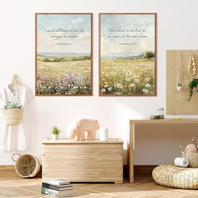 LHIUEM Christian Flowers Framed Canvas Wall Art,Vintage Bible Verse Wall Decor,Religious Jesus Prints,Natural Scripture Artwork for Living Room,Bedroom,Dining Room -24"x36"x3