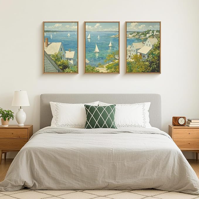 Large Coastal Sailboat Framed Canvas Wall Art Set,Summer Seascape Wall Decor,Nautical Blue Ocean Art Prints,Nature Beach Artwork for Living Room,Bedroom,Dining Room,Office-16 x24 x3