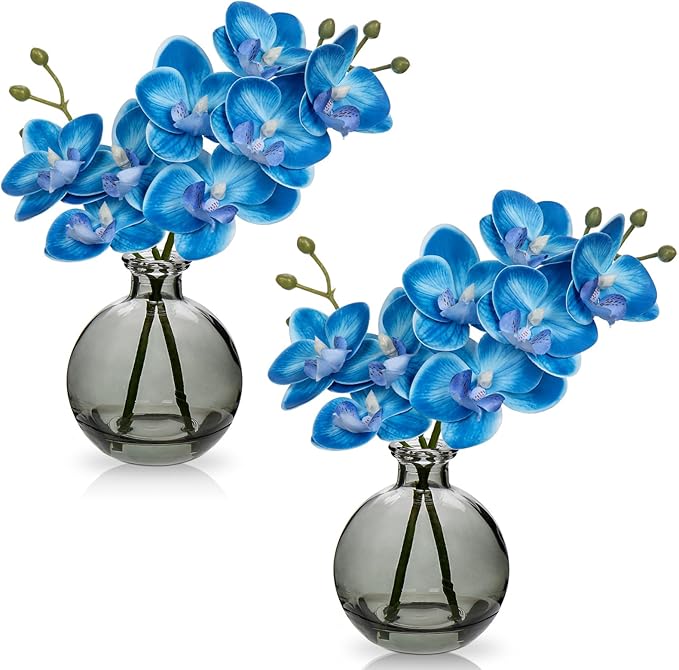 Oairse Blue Orchids Artificial Flowers Faux Orchid Arrangement with Black Glass Vase Set of 2 Real Touch Phalaenopsis Orchid Flowers Orchids Centerpiece for Dining Room Table