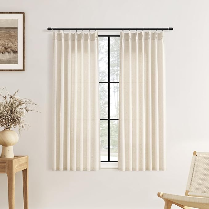Short Pinch Pleated Linen Curtains 45 Inch Length for Kitchen Natural Cream Beige Country Farmhouse Semi Sheer Light Filtering Window Treatment Drapes with Hooks Rings for Small Window 2 Panels 40x45