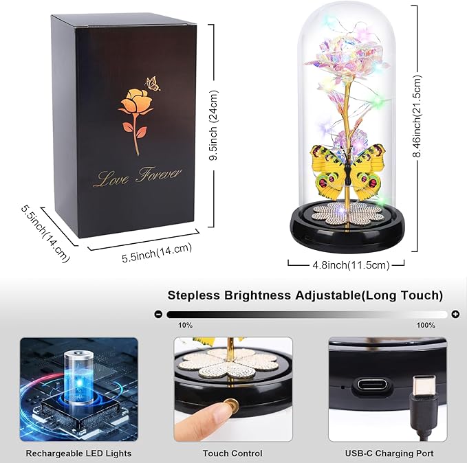 Mothers Day Rose Gifts for Mom Birthday Gift for Women, Rechargeable Galaxy Glass Rose in Glass Dome Colorful Crystal Flower Butterfly Mother's Day Flowers Gifts for Women Mom Wife Grandma Daughter