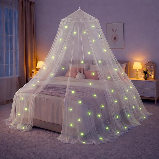 Bollepo Bed Canopy for Girls Bed with Glowing Stars - Princess Room Decor, Ceiling Net to Cover Toddler | Full, Twin Size Kids Bed, Fire Retardant Fabric (White - Stars)