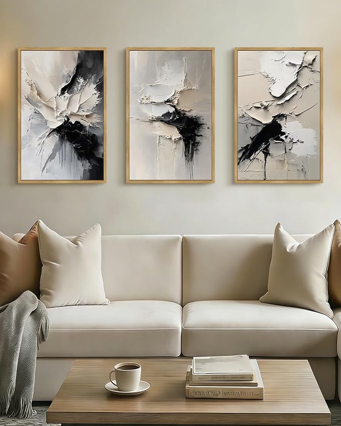 PHOPAGO Black Abstract Framed Wall Art Large 16x24in Minimalist Neutral Color Block Pastel Wall Decor Modern Brush Stroke Illustration Paints Home Decor - Natural Framed