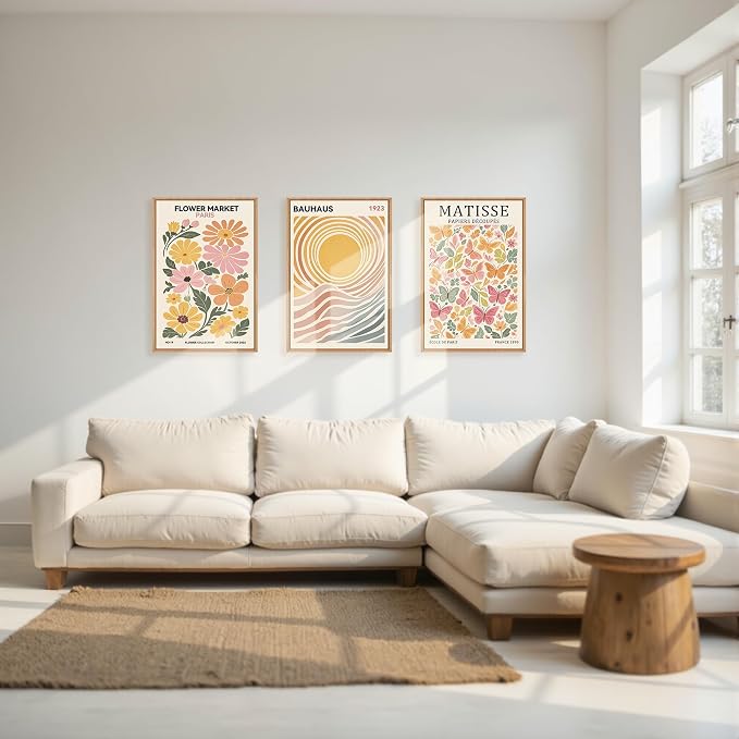 Boho Flower Market Framed Canvas Wall Art Set, Matisse Floral Wall Decor, Abstract Botanical Wall Painting, Nature Floral Illustration Art Prints for Living Room, Bedroom, Office 16"X24"X3
