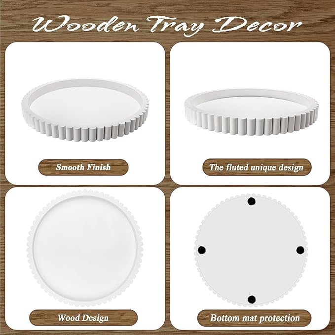 Handmade 12in Decorative Tray for Coffee Table Tray Decor, White Wooden Decorative Round Tray for for Coffee Table, Dining Room Table Entryway and Living Room Table