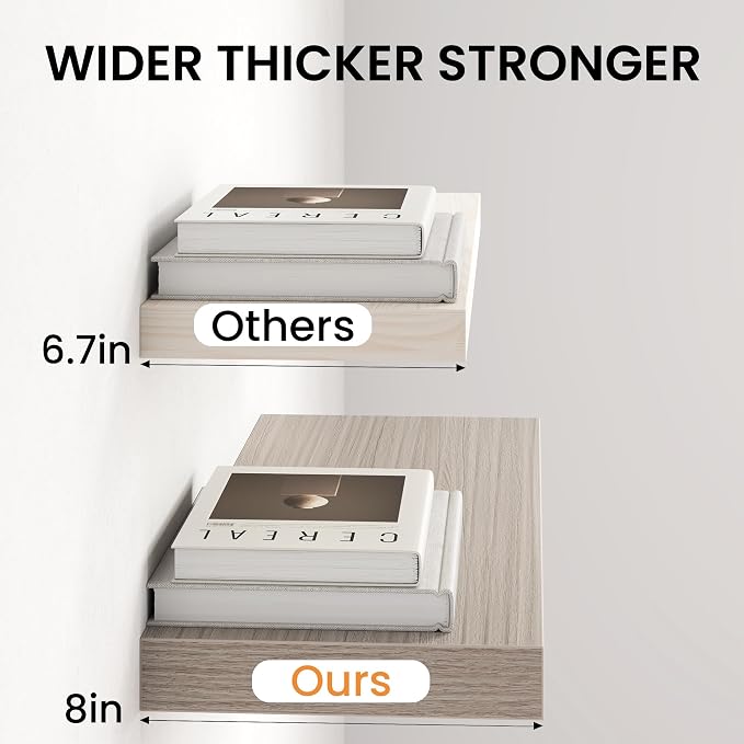 Fun Memories 67 Inch Floating Shelves for Wall, 8 Inch Deep Wall Mounted Wood Shelves with Invisible Brackets for Bathroom, Bedroom & Kitchen Storage Decor, Grey, 1 Pack