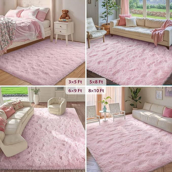 FinRèc Pink Rugs for Bedroom Living Room, 3x5 Feet Fluffy Shag Area Rug, Non-Slip Fuzzy Furry Rug for Kids Room Girl Dorm Room Home Decor, Indoor Shaggy Floor Carpet