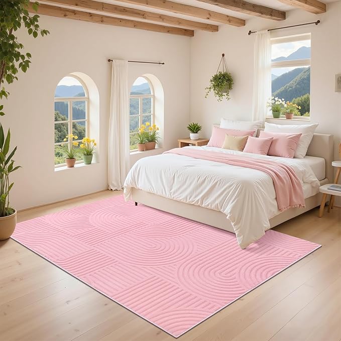 Pauwer Pink Area Rug for Girls Bedroom 5x7 Soft Fluffy Non Slip Machine Washable Rugs Arch Modern Indoor Mat Fuzzy Floor Carpet for Kids Nursery Living Room Dorm Playroom Dining Baby Home Decor