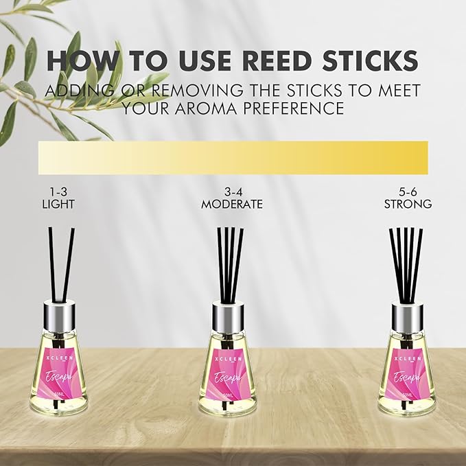 Xcleen 3 Pack Reed Diffuser, Scented Oil Diffuser with 15 Sticks, Escape/Vanilla/Moroccan Amber, Air Freshener for Bathroom & Office, Holiday Home Fragrance, Gift idea, Each 1.7Fl Oz, Total 5.1Oz
