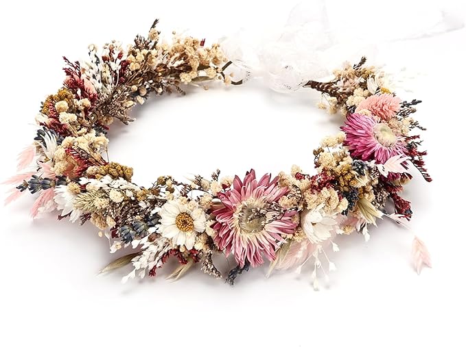 Rustic Preserved Dried Flower Crown Natural Floral Headband with Daisy Cream Mixed Flowers for Women Maternity Brides Bridesmaids Flower Girls Family Photography