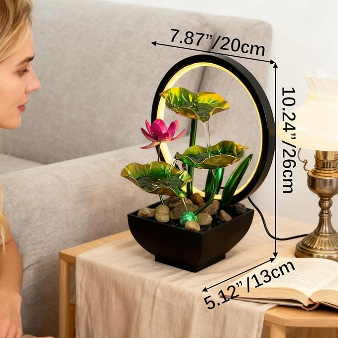AOZITA Tabletop Fountain, Indoor Waterfall Fountain, Small Home Décor Zen Relaxation Soothing Sound Machine for Office, Living Room, or Bedroom, Green Metal Lotus with Flower, River Rocks, Round LED
