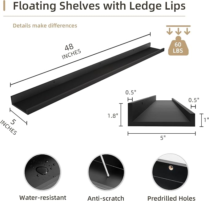 Acovy Picture Ledge Shelf, Wood Long Floating, Set of 2, 48 inch, Black | Wall Mounted, For Living Room Kids' Room Bedroom, Photo Ledge Nursery Book Shelves
