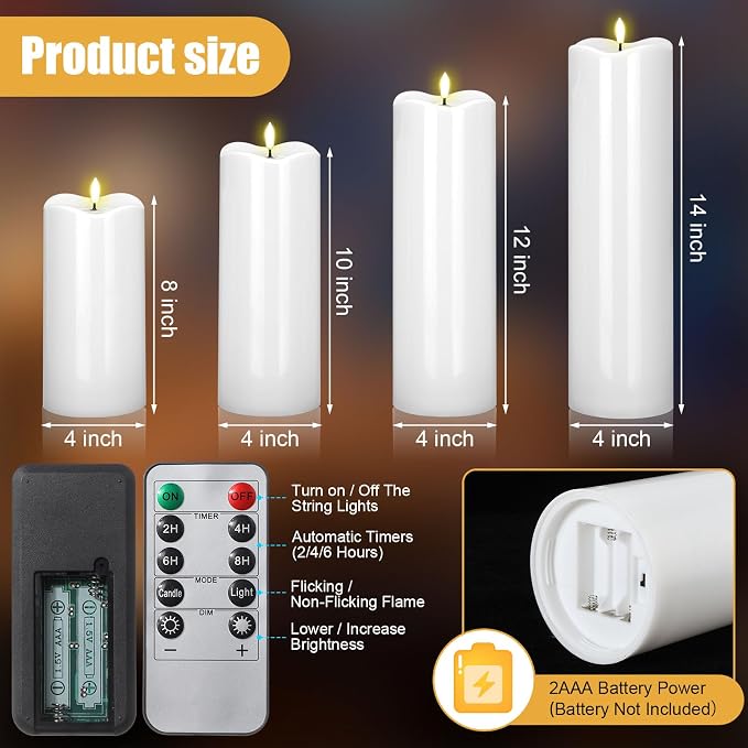 Rossesay 8" 10" 12" 14" x 4" Large Waterproof Outdoor Flameless Candles, 4 Pcs LED Pillar Candles with Remote and Timers Battery Operated Jumbo Flickering for Home Patio Church Lanterns(White)