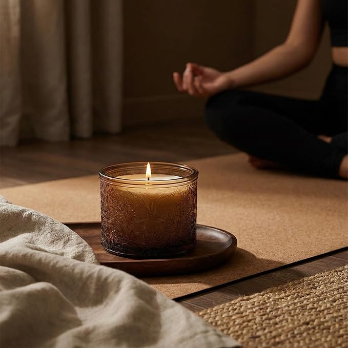 10 oz Mocha Mandala Glass Candle Jars with Bamboo Lids, 9 Pack | Patented Embossed Design, Includes Wick Centering Devices & Warning Labels, Multiple Color Options