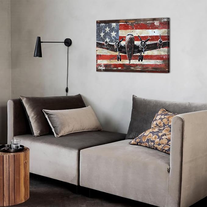 Airplane Wall Art Vintage Aircraft Picture Wall Decor for Bedroom Office Rustic USA Flag Prints Artwork Living Room Canvas Aircraft Propeller Pictures Posters Artwork Kitchen Home Decorations 16x24"