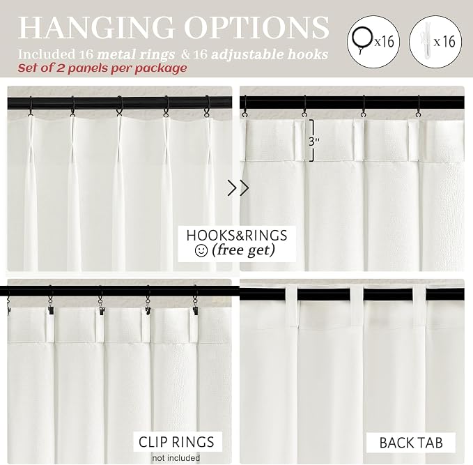 Pure White Short Thick Linen Viral Curtains 54 Inch Length 2 Panel Set for Small Windows, Pinch Pleated Rustic Semi Sheer Light Filtering Privacy Drapes with Back Tab 40 x 54 Inches Kitchen Curtain