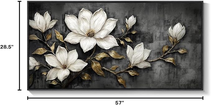 Large Framed Black and White Floral Wall Art for Living Room, Modern Magnolia Botanical Canvas Prints Paintings, Elegant Flower with Gold Leaves Pictures for Dining Room Office Wall Decor, 60x30 Inch