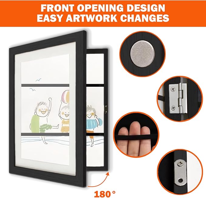 Kids Art Frames 8.5x11, 4-Pack Front Opening Changeable Picture Frames for Kids Artwork, Holds 150 Pieces Each, Artwork Storage and Wall Display Frame for Drawings, Portfolio, Black