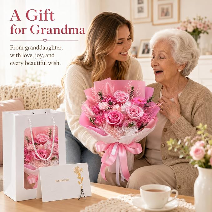 Preserved Pink Rose Bouquet, 100% Real Flowers for Women Mother Wife, Long-Lasting Eternal Roses with Gift Box, Forever Flowers for Anniversary Birthday Mother's Day, Lasts 3-5 Years