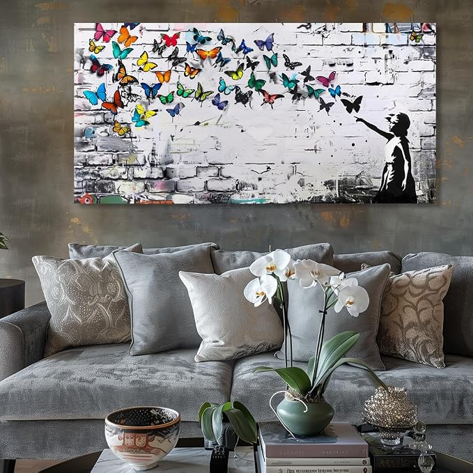 Colorful Graffiti Wall Art Funny Butterfly Paintings Banksy Street Art Mural Pop Art Home Office Wall Decor Framed Canvas Wall Decor for Living Room Ready to Hang -58x28in