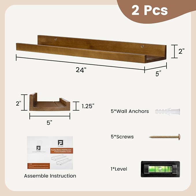 FLYJOE Picture Ledge Wall Shelves 24 inch Width Set of 2, Solid Pine Wood Rustic Floating Ledge Shelves for Wall for Kids' Room Bedroom Kitchen Bathroom Living Room Nursery Display Wall Decor, Walnut