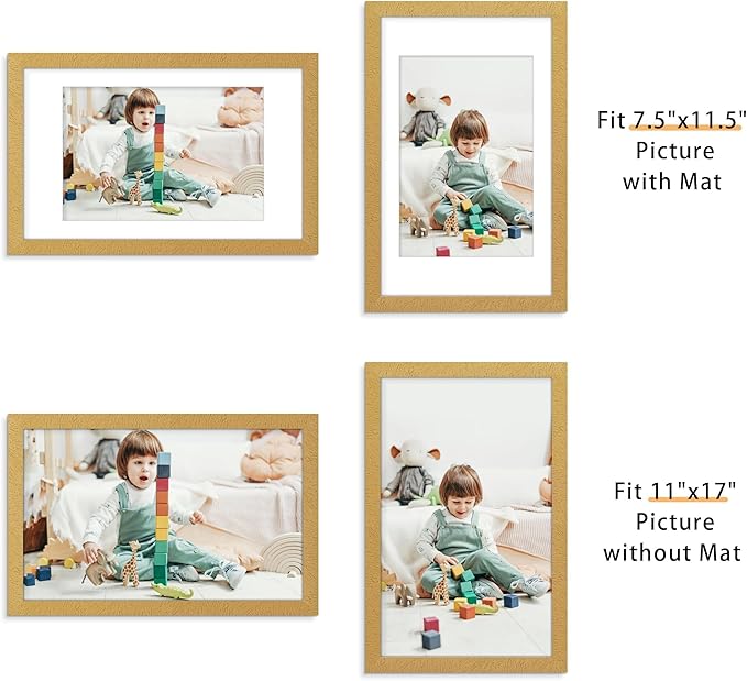 Picrit 11x17 Picture Frame Set of 12, Display 8x12 with Mat or 11x17 without Mat, Photo Frames for Wall Mounting Display, Gold