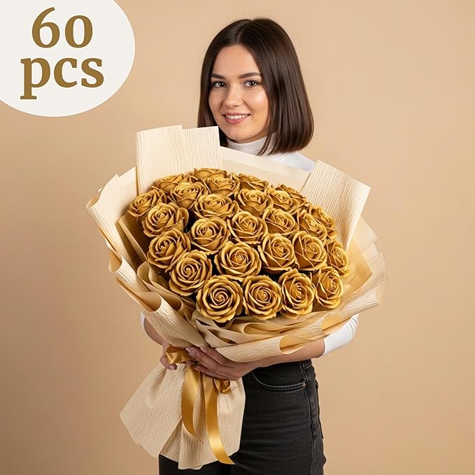 Auihiay 60PCS Gold Rose Artificial Flowers, Faux Silk Roses, Realistic Roses Bouquet for Anniversary, Baby Shower, Birthday, Graduation, Table Centerpieces, New Year's, Valentine's Day Decorations