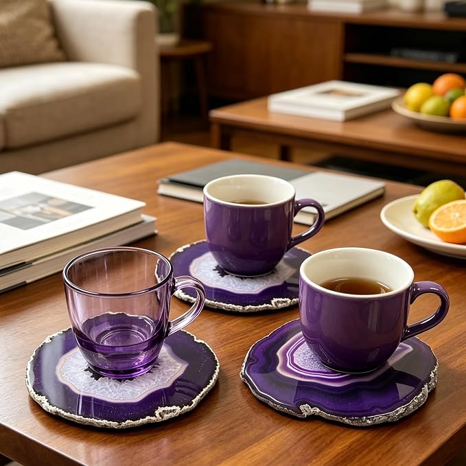 Crystal Cup Mats for Drinks Agate Geode Coaster Set of 4 with Rubber Bumpers 3-4'' Purple Sliced Cup Coaster for Family Bar Party Home Decoration Gift