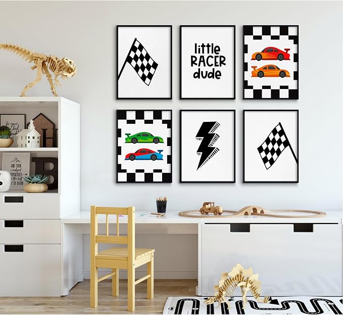 Tanmart Race Car Wall Art Pictures Boys Room Wall Decor Nursery Toddler Canvas Wall Art Kids Playroom Art Prints Boys Race Car Poster Nursery Artwork Set of 6 for Bedroom 8x10 Inch Unframed