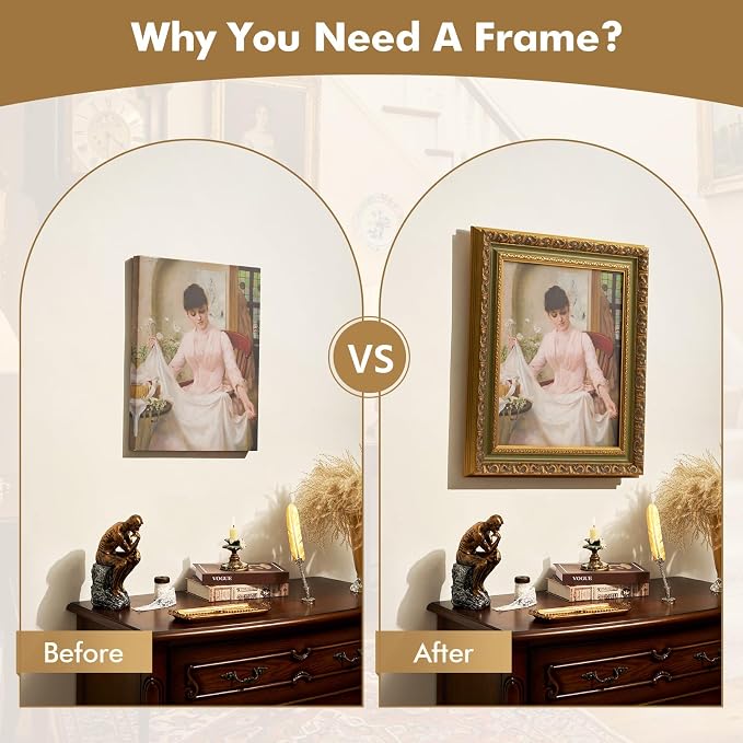 Antique Wood Frame for 16x20 Canvas Paintings, No Glass & Backing, 3.5” Extra Wide DIY Vintage Plein Air Frames For Baroque Victorian Wall Art Prints Class Artwork Designer (Green Gold)