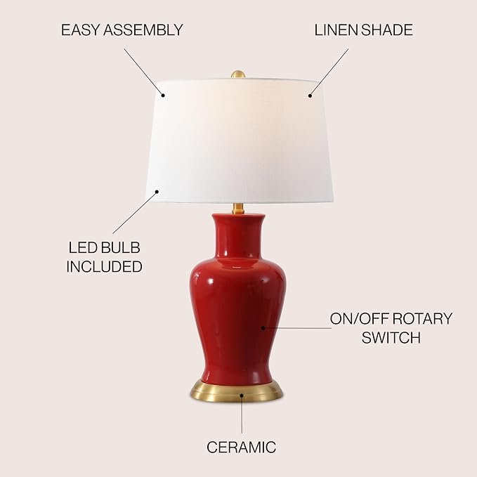 JONATHAN Y 29" Red Traditional Ceramic Urn LED Table Lamp for Bedroom Decor, White Linen Drum Shade, Classic Nightstand Lamp for Living Room, LED Bulb Included (JYL4026G)